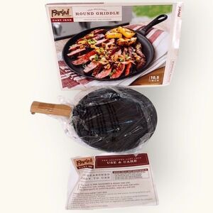 NIB Parini Premium Cast Iron 10.5” Round Griddle Seasoned Shallow Cooking Pan